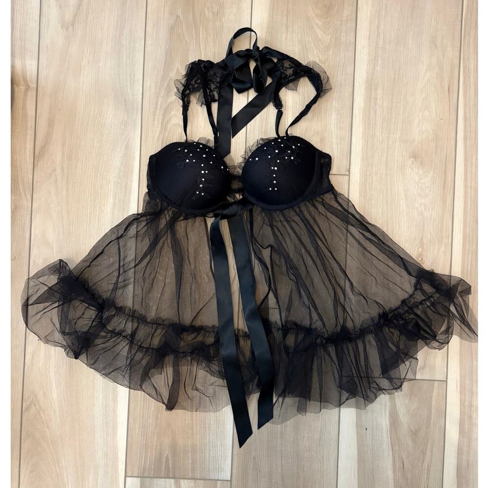 Victorias Secret Sexy Little Things Womens Babydoll Lingerie Black Size 36B